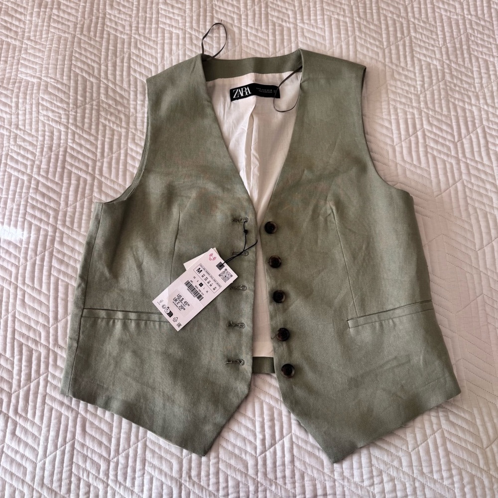 Zara Sage Green Linen V-Neck Vest